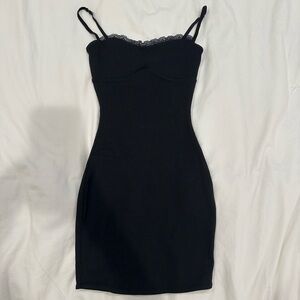 Oh Polly Ribbed Modal Lace-Trim Mini Dress in Black | XXS